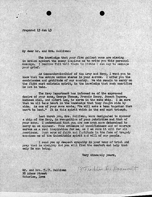 FDR letter fo Sullivan family